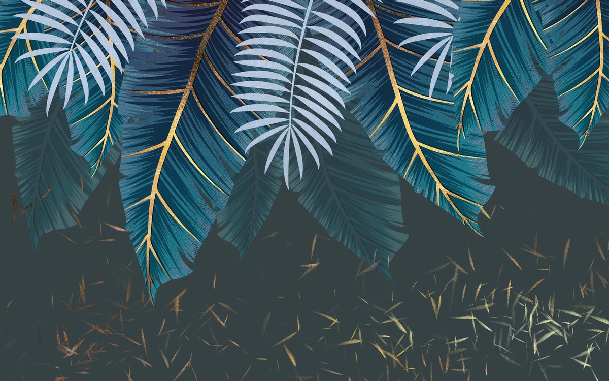 Тропические листья с золотыми линиями